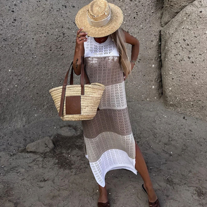 Round Neck Sleeveless Contrast Color Slit Hemline At Hem Knitted Dress