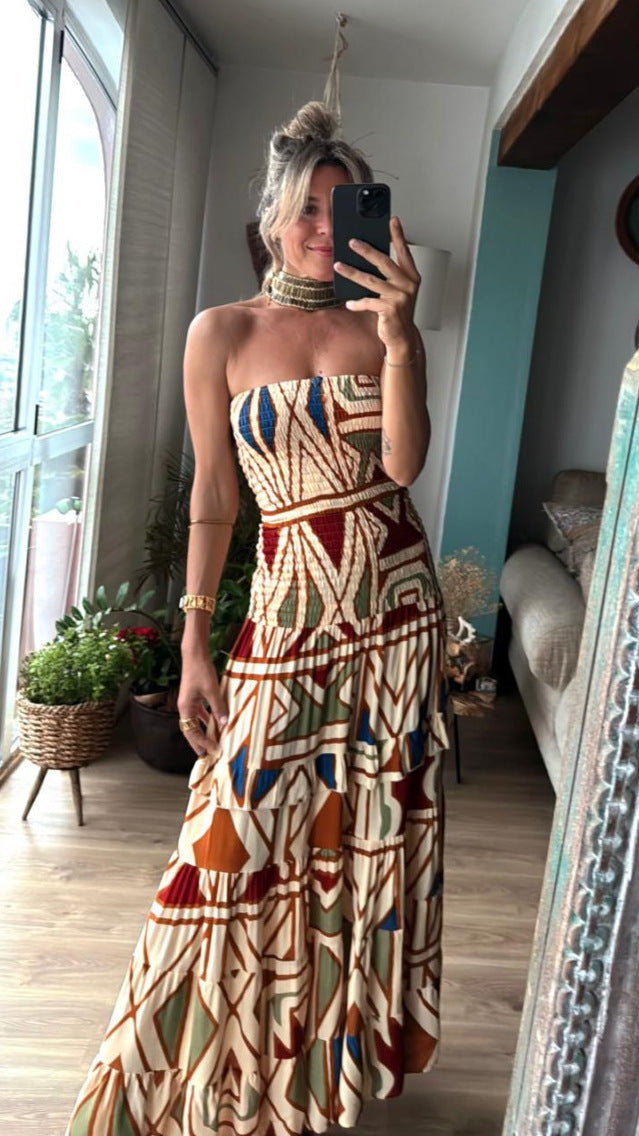 Women's Retro High Waist Printing Slip Dress