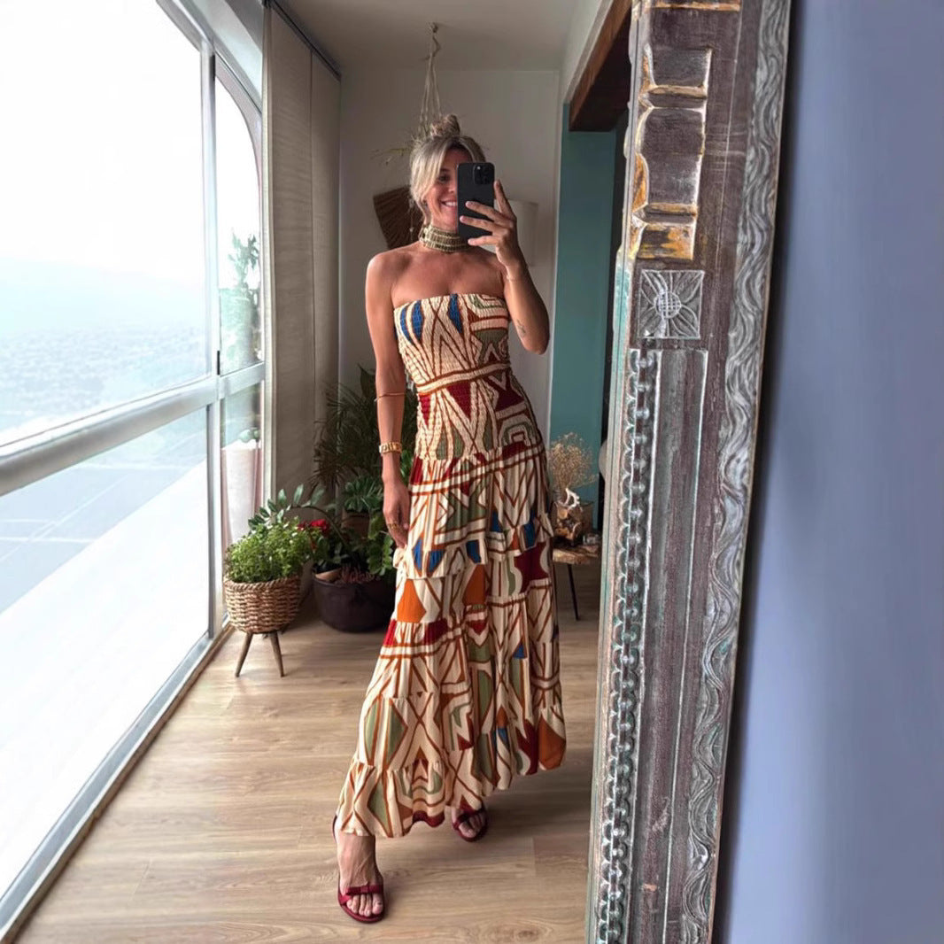 Women's Retro High Waist Printing Slip Dress