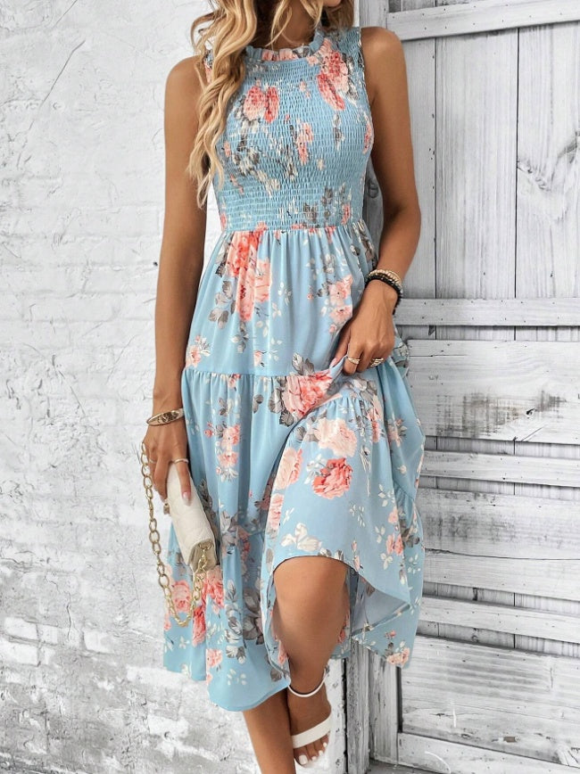 Floral Print Layered Hem Dress Maxi Vacation Beach Outfits Women
