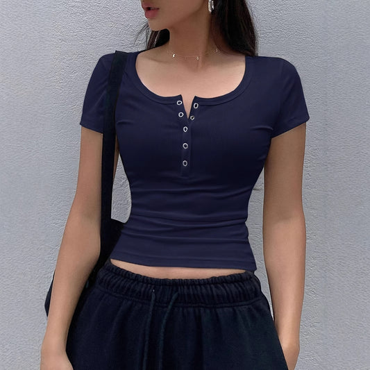 Women's Solid Color Short-sleeved Top Rib Knit Half-cardigan Button T-shirt
