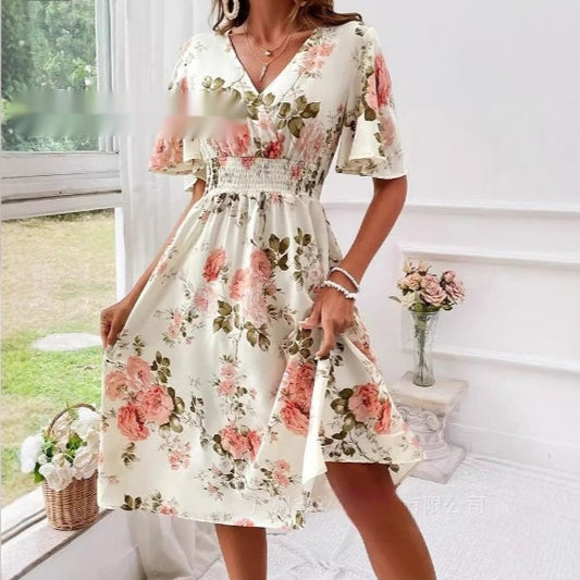 Ladies New Plant Flower Print Belt Smocking Dress