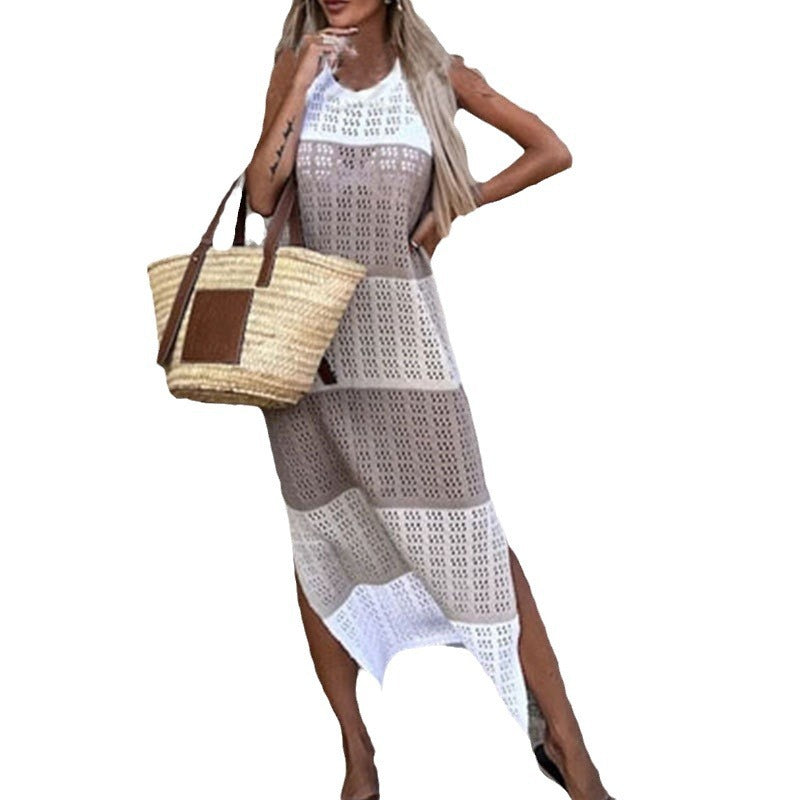Round Neck Sleeveless Contrast Color Slit Hemline At Hem Knitted Dress