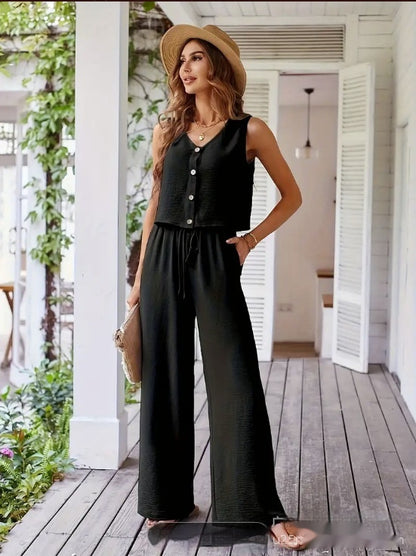 Elegant Women's Suit V-neck Vest Loose Wide Leg Pants