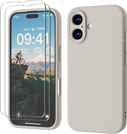 GOODVISH 3 IN 1 for iPhone 16 Case 6.1 inch, Upgraded Camera Protection, 2X HD Screen Protector, Liquid Silicone Anti-Scratch Shockproof Gel Rubber Anti-Fingerprint Phone Case Cover, Stone Grey