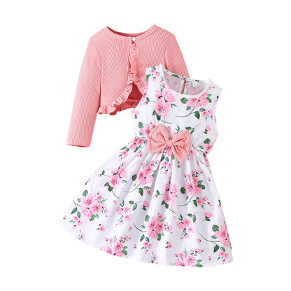 Yanmucy Little Girls Dresses with Cardigan Sets 2PCS Baby Girls Floral Dresses Toddler Kids Long Sleeve Ruffle Coat Girls Clothes for 2-8 Years