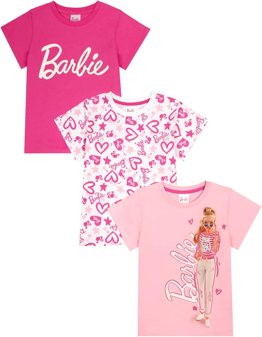 Barbie 3PK T-Shirts for Girls, Short Sleeve T-Shirts Pack of 3 Girls Summer Top, Ages 3 to 10 Years Old