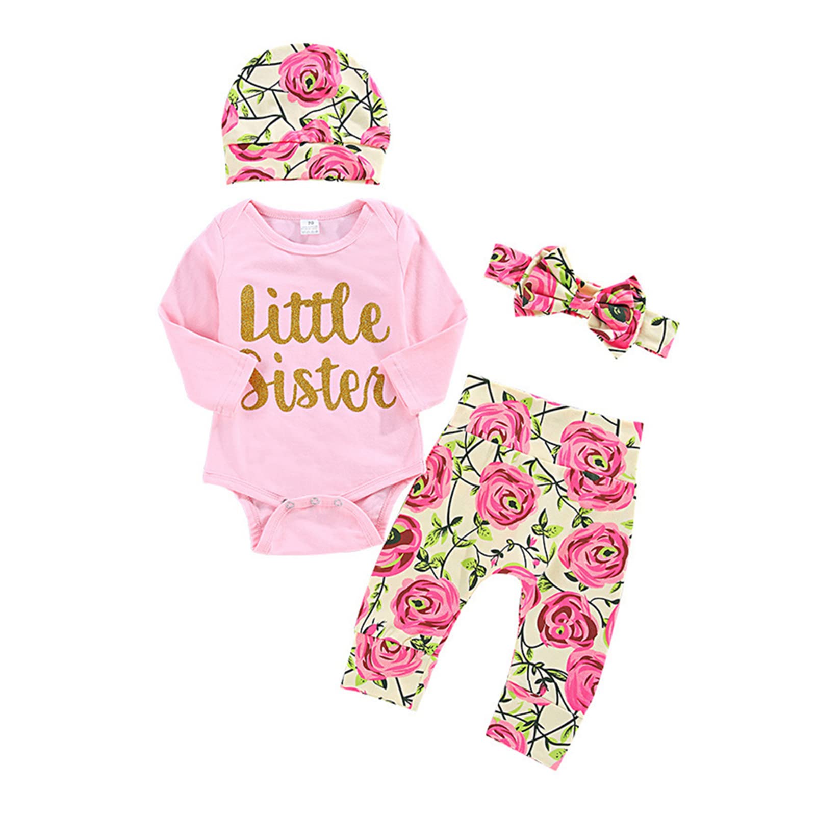 ChYoung Baby Girl Clothes Set Newborn Outfit Little Sister Romper Top and Rose Printed Pant and Headband 3 Pieces