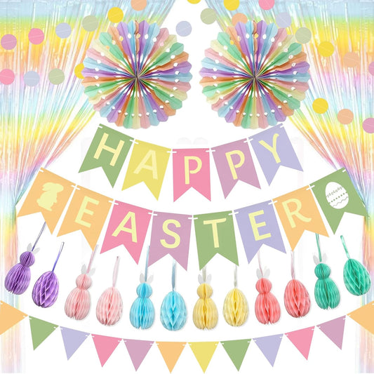 19 Pcs Happy Easter Decorations for Home, Easter Bunting, Easter Banner, Easter Bunny Decorations, Easter Decorations for Table, Easter Egg Hunt Decorations for Kids ,Paper Easter Tree Decorations