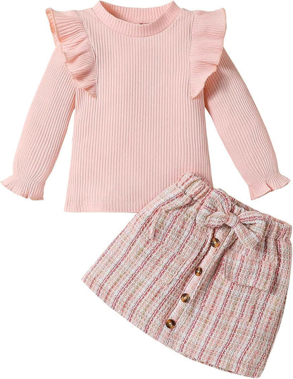 Qiraoxy Baby Girl Clothes Ruffle Ribbed Long Sleeve T-Shirt Top Plaid Skirt Fashion Set 2Pcs Toddler Kids Girl Fall Winter Outfits 1-6 Years