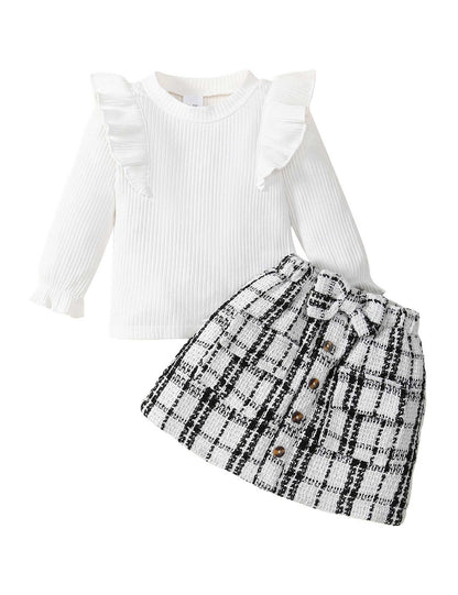 Qiraoxy Baby Girl Clothes Ruffle Ribbed Long Sleeve T-Shirt Top Plaid Skirt Fashion Set 2Pcs Toddler Kids Girl Fall Winter Outfits 1-6 Years