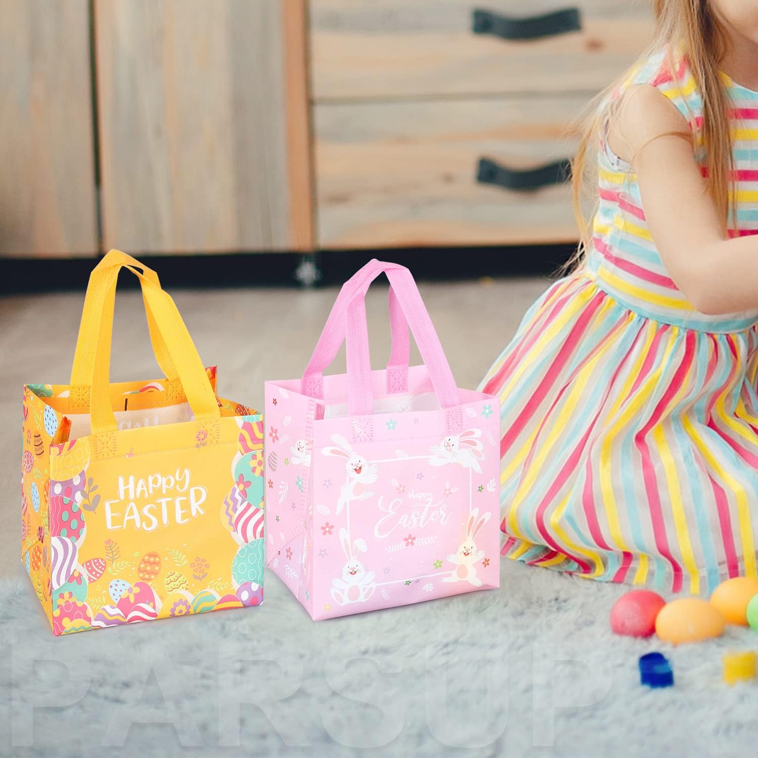 16PCS Happy Easter Egg Hunt Bags, Easter Bunny Carrot Chick Egg Bags with Handles, Easter Treat Bags, Non-Woven Easter Bags for Gifts Wrapping, Egg Hunt, Easter Party Supplies, 21×20×15cm