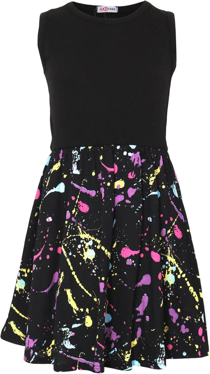 A2Z 4 Kids Girls Black Panel Skater Dress Pastel Splash Print Fashion Party Top Summer Dresses New Age 5 6 7 8 9 10 11 12 13 Years