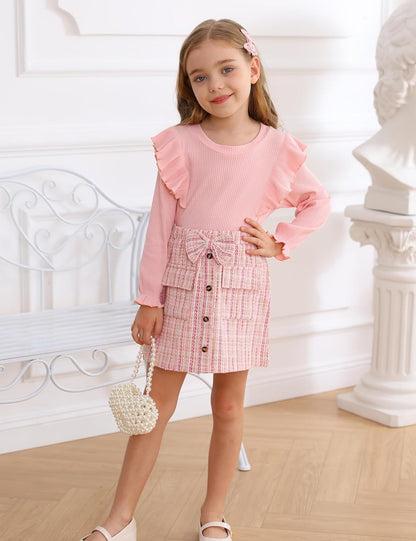 Qiraoxy Baby Girl Clothes Ruffle Ribbed Long Sleeve T-Shirt Top Plaid Skirt Fashion Set 2Pcs Toddler Kids Girl Fall Winter Outfits 1-6 Years