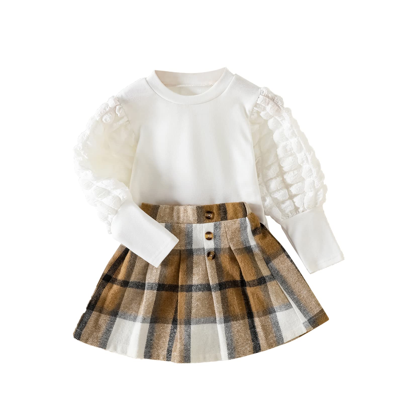 Qiraoxy Baby Girl Clothes Ruffle Ribbed Long Sleeve T-Shirt Top Plaid Skirt Fashion Set 2Pcs Toddler Kids Girl Fall Winter Outfits 1-6 Years