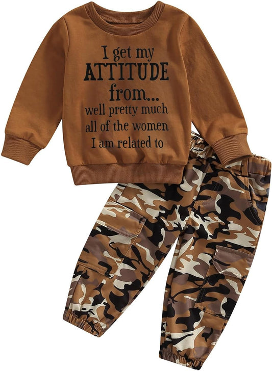 1-6 Years Toddler Baby Girls Fall Clothes Letter Print Long Sleeve Sweatshirt and Stretch Camouflage Pants Set 2 Piece Outfit