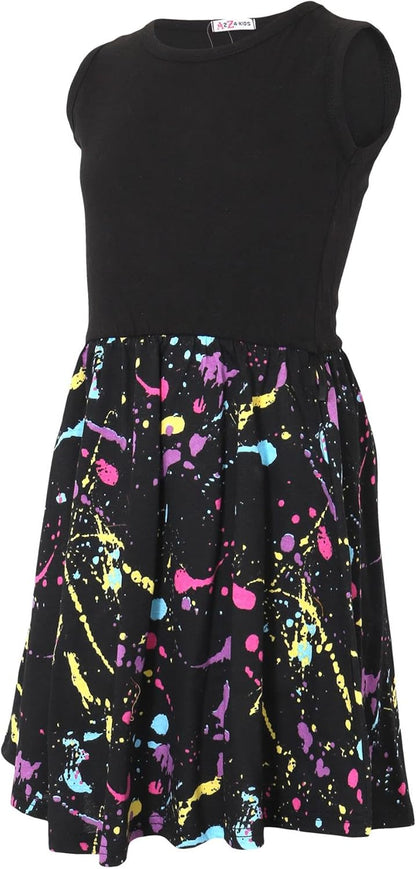 A2Z 4 Kids Girls Black Panel Skater Dress Pastel Splash Print Fashion Party Top Summer Dresses New Age 5 6 7 8 9 10 11 12 13 Years
