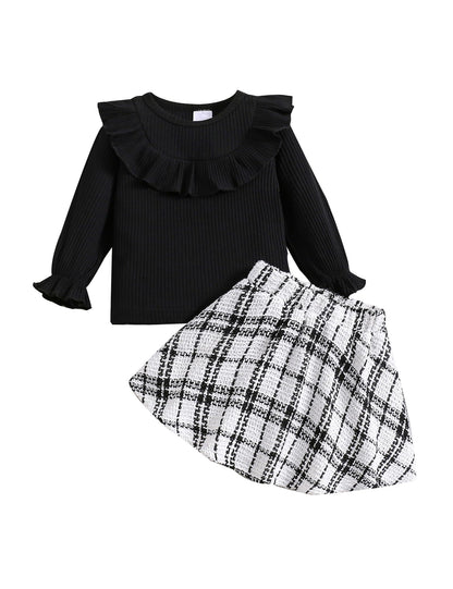 Qiraoxy Baby Girl Clothes Ruffle Ribbed Long Sleeve T-Shirt Top Plaid Skirt Fashion Set 2Pcs Toddler Kids Girl Fall Winter Outfits 1-6 Years