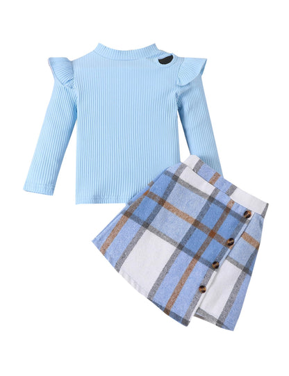 Qiraoxy Baby Girl Clothes Ruffle Ribbed Long Sleeve T-Shirt Top Plaid Skirt Fashion Set 2Pcs Toddler Kids Girl Fall Winter Outfits 1-6 Years