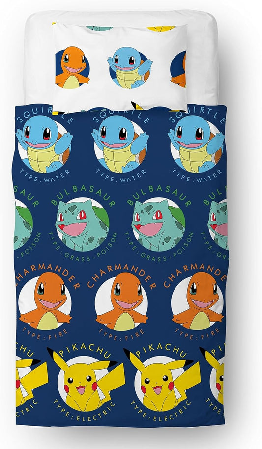 Pokemon Officially Licensed Single Kids Duvet Cover Set | Pikachu Bulbasaur Charmander Squirtle Design Reversible 2 Sided Bedding with Matching Pillowcase |Childrens Single Bed Set