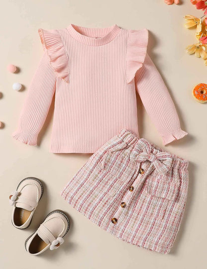 Qiraoxy Baby Girl Clothes Ruffle Ribbed Long Sleeve T-Shirt Top Plaid Skirt Fashion Set 2Pcs Toddler Kids Girl Fall Winter Outfits 1-6 Years