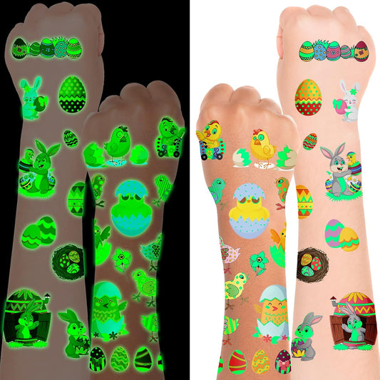 10 Sheets Easter Temporary Tattoos for Kids, Easter Stickers Luminous Fake Tattoos with Bunny Chick Easter Egg Decorations, Waterproof Safety Kids Tattoos for Easter Gifts Party Supplies(Easter)