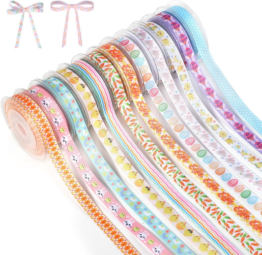 12 Rolls Easter Ribbons, 0.40 Inch x 5 Yards per Roll Chick Bunny Easter Egg Ribbon Easter Grosgrain Ribbon Spring Ribbon Easter Ribbon for Crafts Gift Wrapping Party Decor