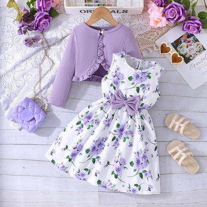 Yanmucy Little Girls Dresses with Cardigan Sets 2PCS Baby Girls Floral Dresses Toddler Kids Long Sleeve Ruffle Coat Girls Clothes for 2-8 Years