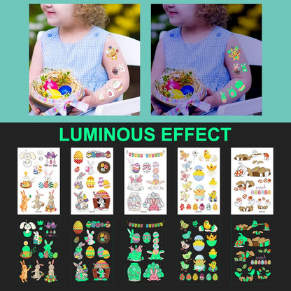 10 Sheets Easter Temporary Tattoos for Kids, Easter Stickers Luminous Fake Tattoos with Bunny Chick Easter Egg Decorations, Waterproof Safety Kids Tattoos for Easter Gifts Party Supplies(Easter)