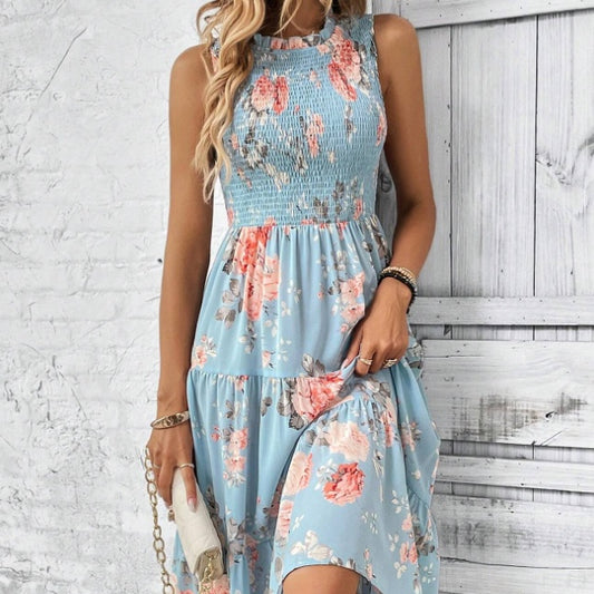 Floral Print Layered Hem Dress Maxi Vacation Beach Outfits Women