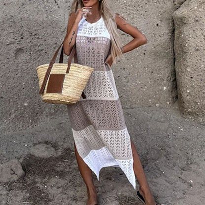 Round Neck Sleeveless Contrast Color Slit Hemline At Hem Knitted Dress