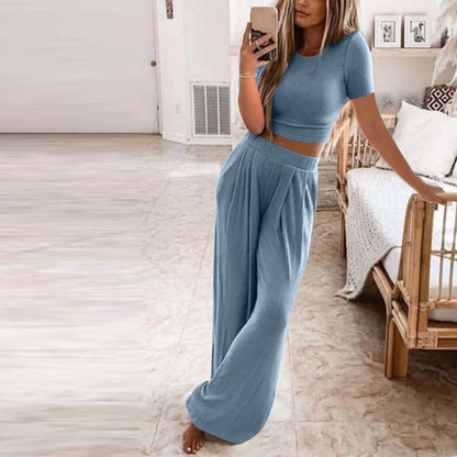 Solid Color Knit Casual Home Two-piece Suit For Women