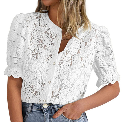 Summer Lace Short Sleeve Casual Button Shirt
