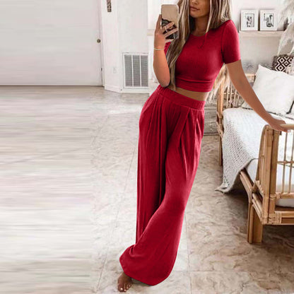 Solid Color Knit Casual Home Two-piece Suit For Women