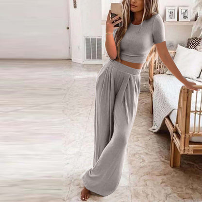 Solid Color Knit Casual Home Two-piece Suit For Women