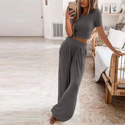 Solid Color Knit Casual Home Two-piece Suit For Women