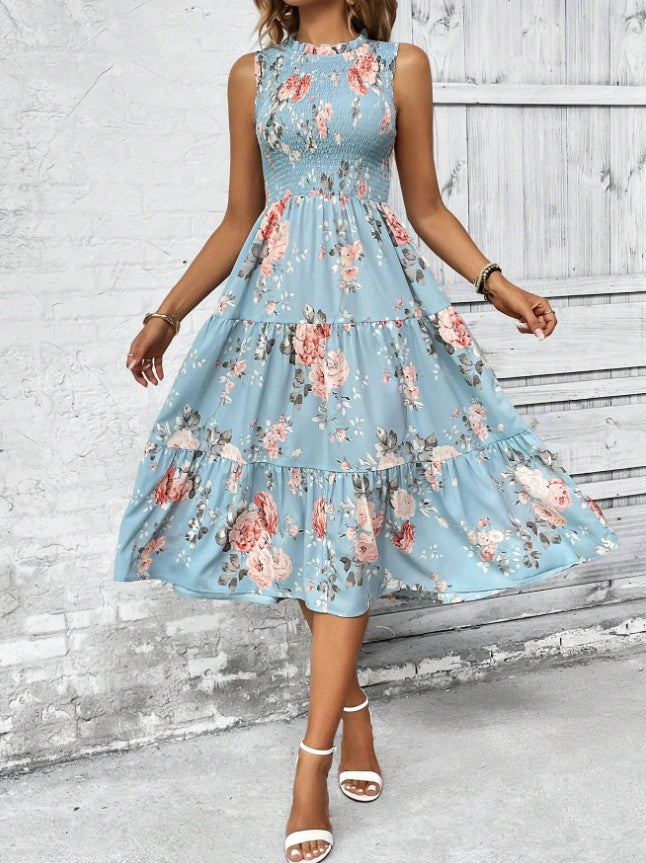 Floral Print Layered Hem Dress Maxi Vacation Beach Outfits Women