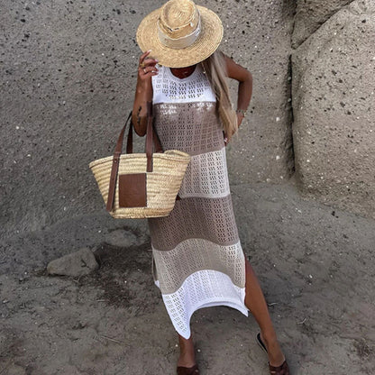 Round Neck Sleeveless Contrast Color Slit Hemline At Hem Knitted Dress