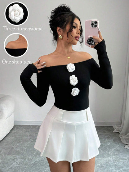 3D Floral Off-the-shoulder Off-neck Slim-fit Long-sleeved T-shirt