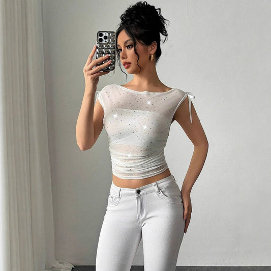 Sequined Mesh Off-the-shoulder Bow Pleated T-shirt